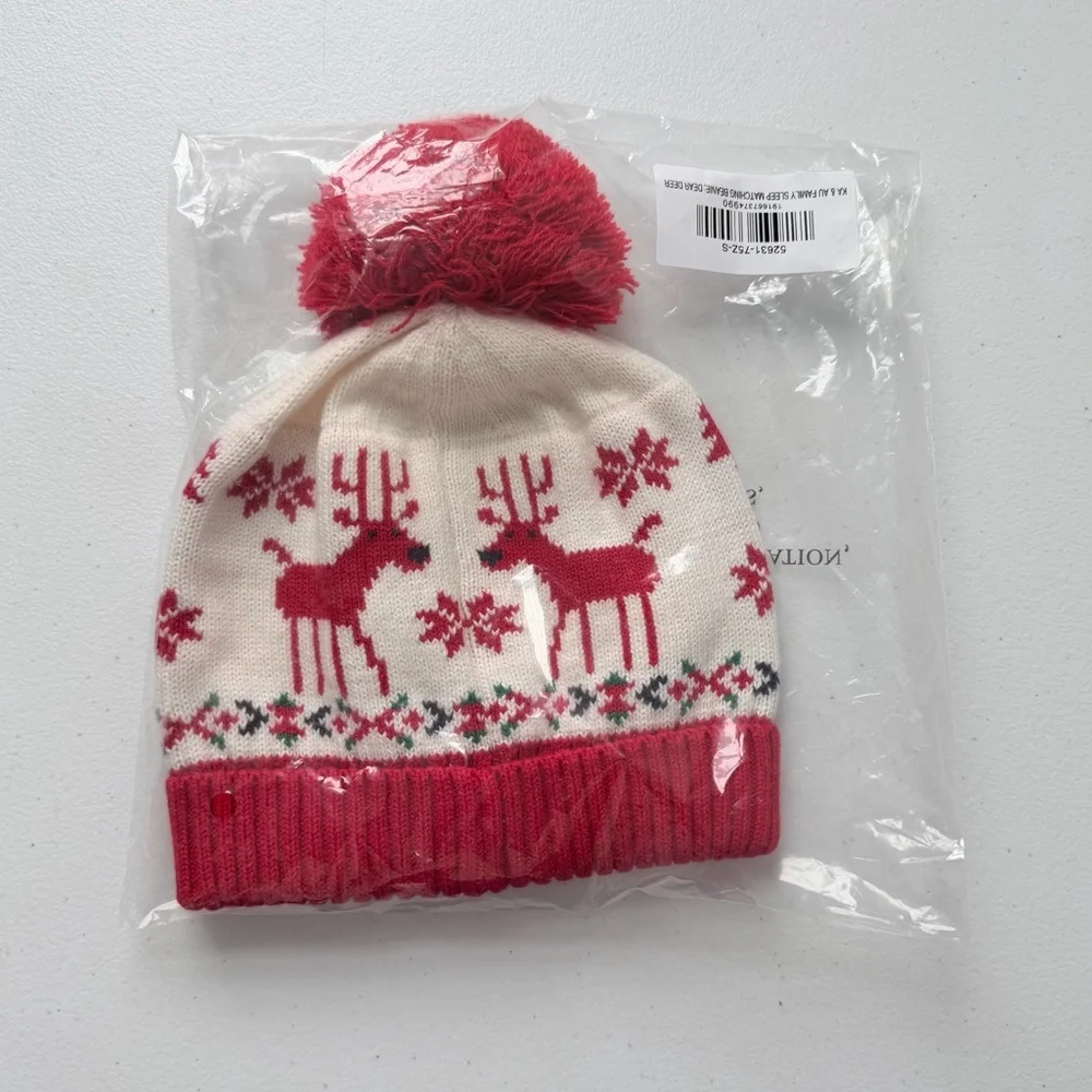 Hanna Andersson | Cream/Red Dear Deer Matching Beanie Winter Hat Youth Small New